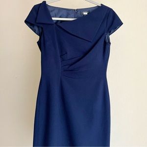 Tahari navy sheath dress with asymmetric collar